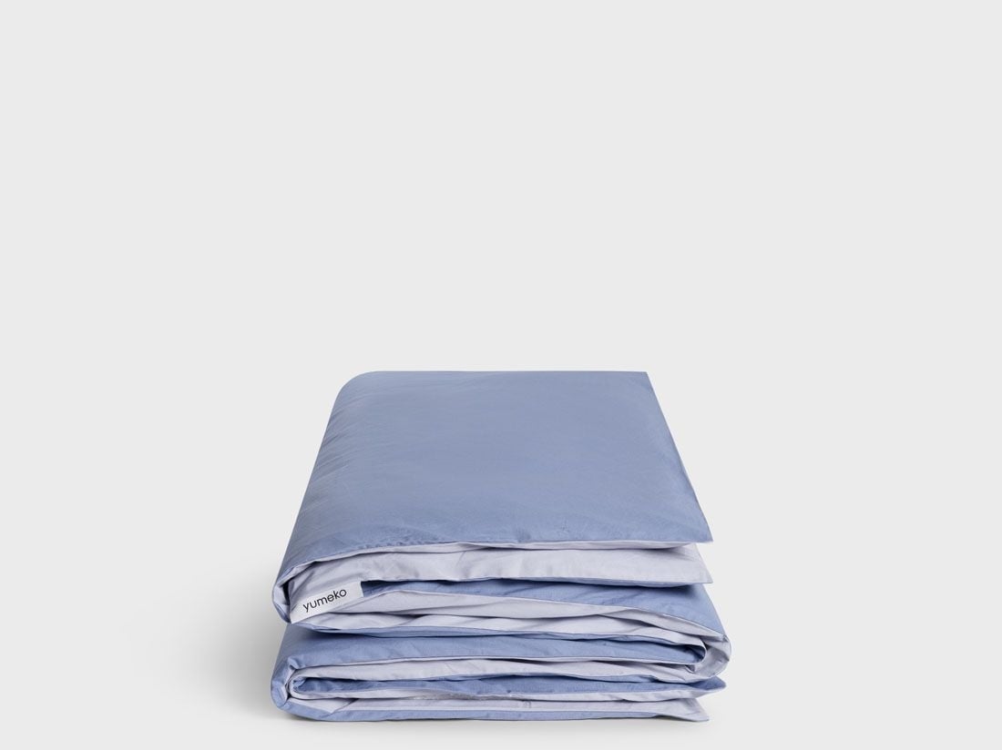 Housse de couette enfant percale de coton double face bleu lavande/serein