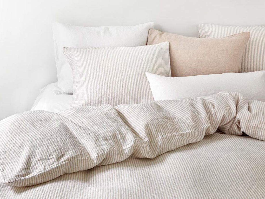 Taie d'oreiller lin lavé à rayures naturelles